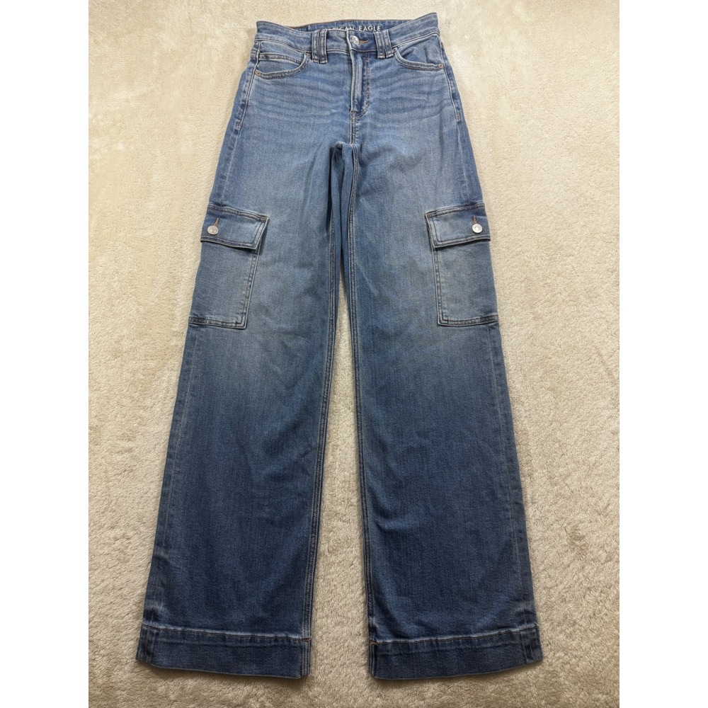 American Eagle Womens Super High-Rise Baggy Wide Leg Cargo Jeans 000 Meas26x32.5